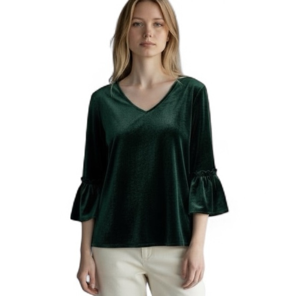 Belle by Kim Gravel Green Velveteen V Neck 3/4 Gathered Sleeve Tunic Top Large